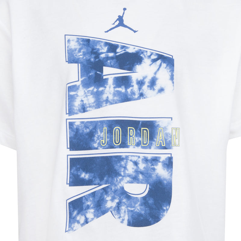 Kids bike short set: white T-shirt with large blue 'JORDAN' graphic