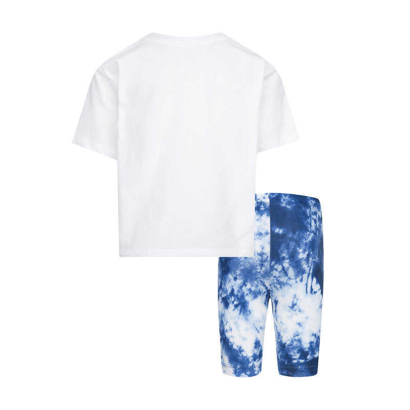 Kids bike short set: plain white back T-shirt with blue tie-dye bike shorts
