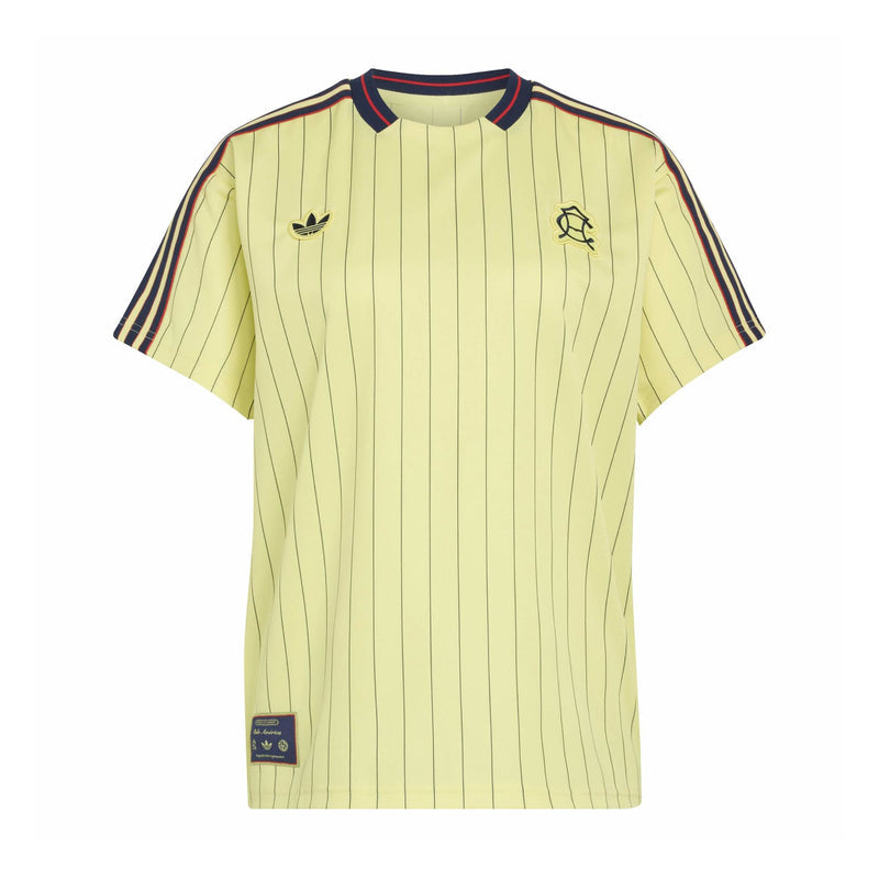Mens light yellow pinstripe soccer jersey, navy/red collar trim, small crest on chest