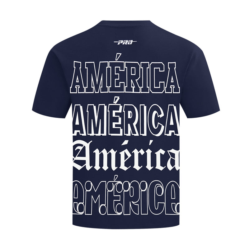 Navy men's Club America T-shirt with large stacked AMERICA graphic on back