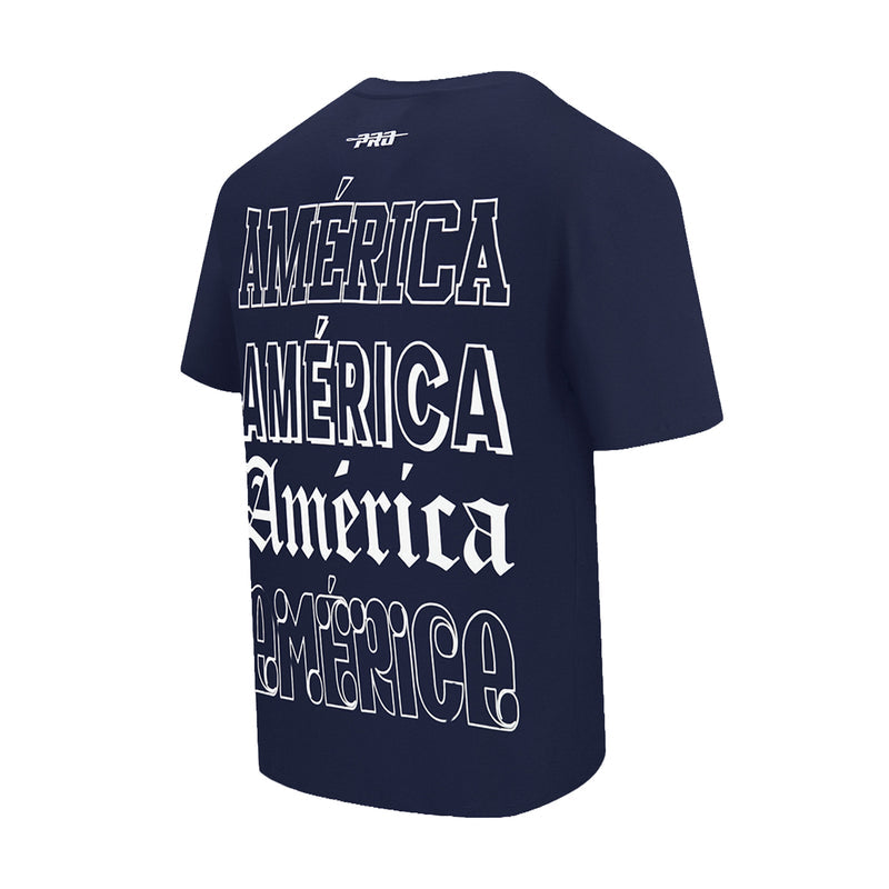 Navy men's Club America T-shirt with stacked AMERICA text graphic on back