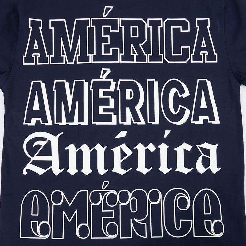 Navy T-shirt with large AMERICA and AMERICA graphic text on back print