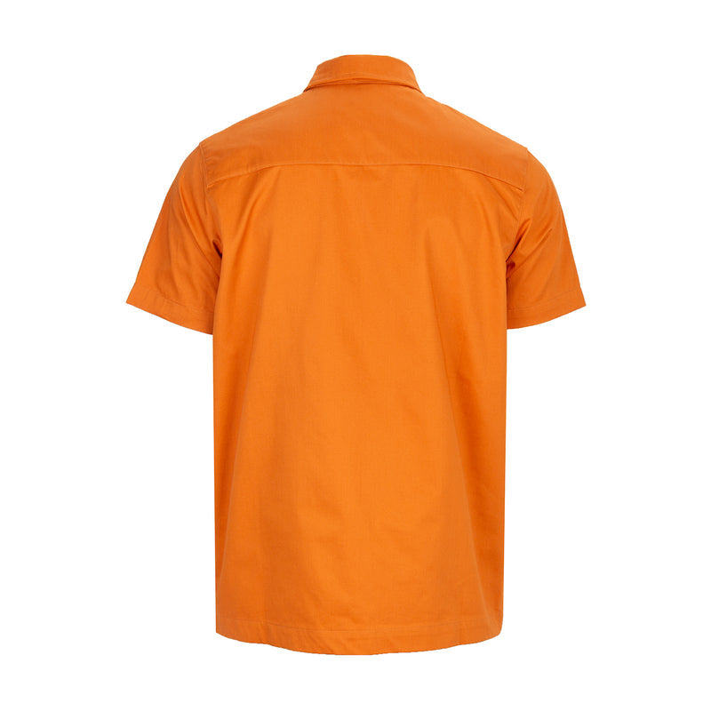 Men's orange woven short-sleeve shirt, back view