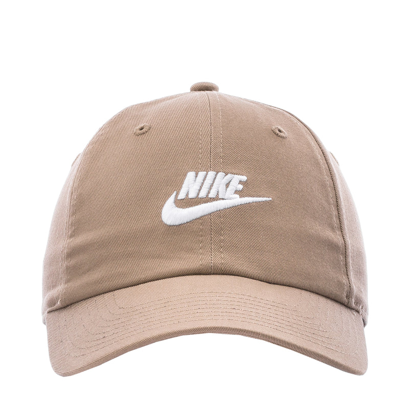 Khaki Nike Futura wash strapback cap with white swoosh logo and curved brim