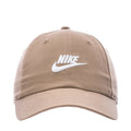 Khaki Nike Futura wash strapback cap with white swoosh logo and curved brim