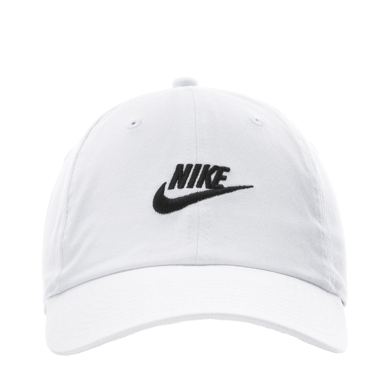White Nike strapback cap with black logo on front