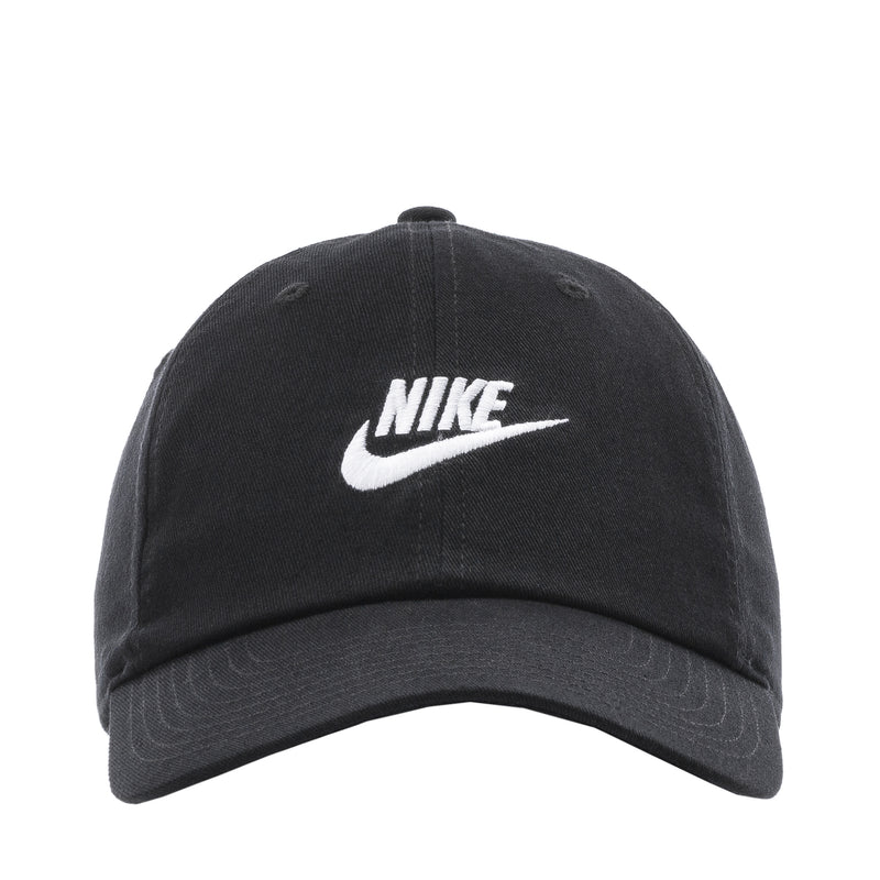 Black Nike logo strapback cap with curved brim and stitched panels