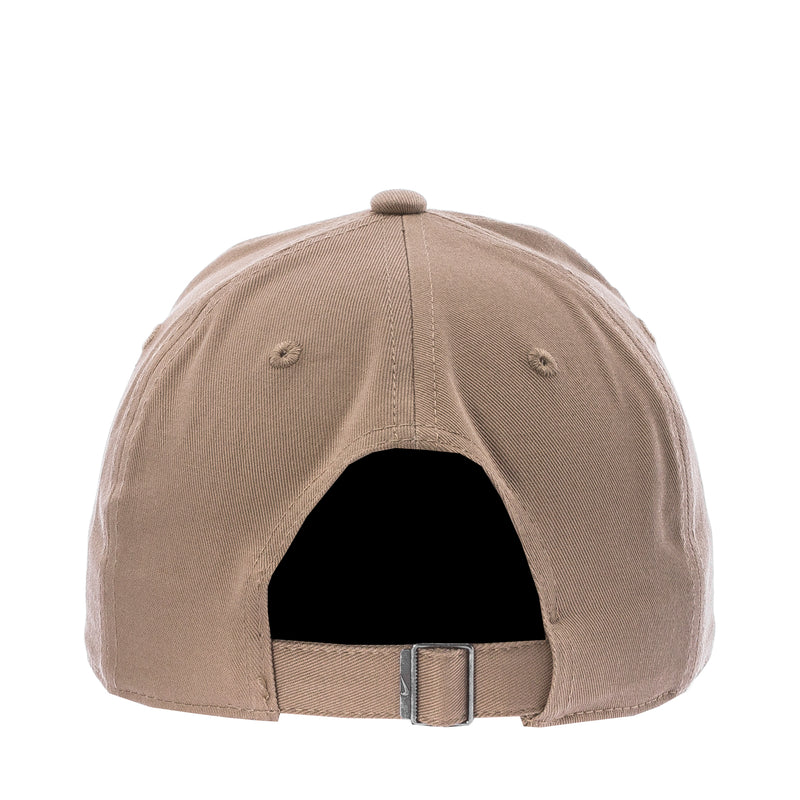 Khaki Nike strapback cap with adjustable metal buckle strap on inside