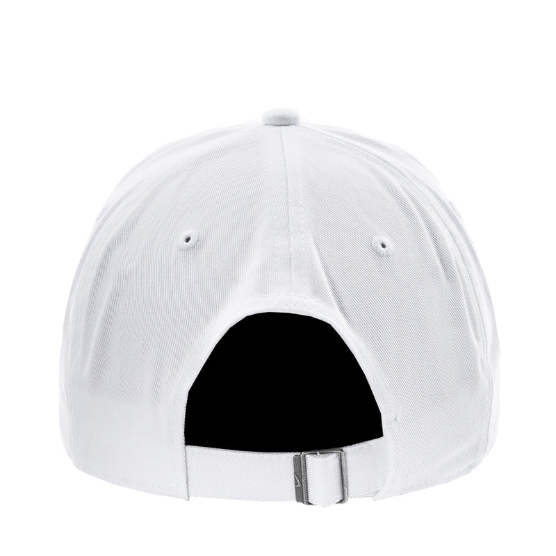 White Nike strapback cap with adjustable gray buckle strap at back