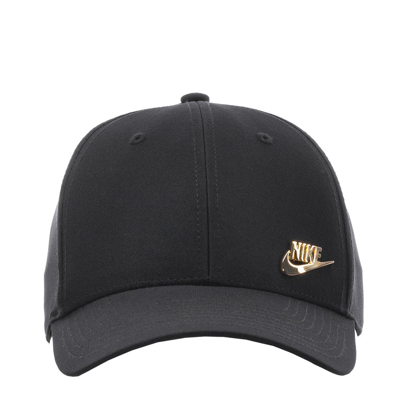 Black Nike baseball cap with metallic gold swoosh on front panel