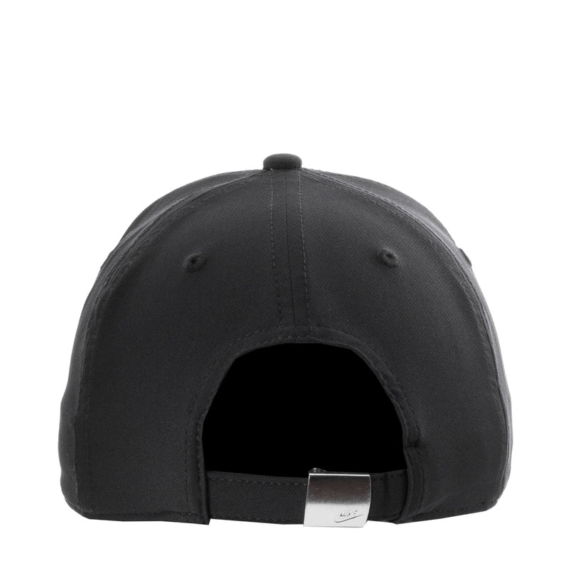 Black Nike cap with adjustable metal buckle strap at the back opening