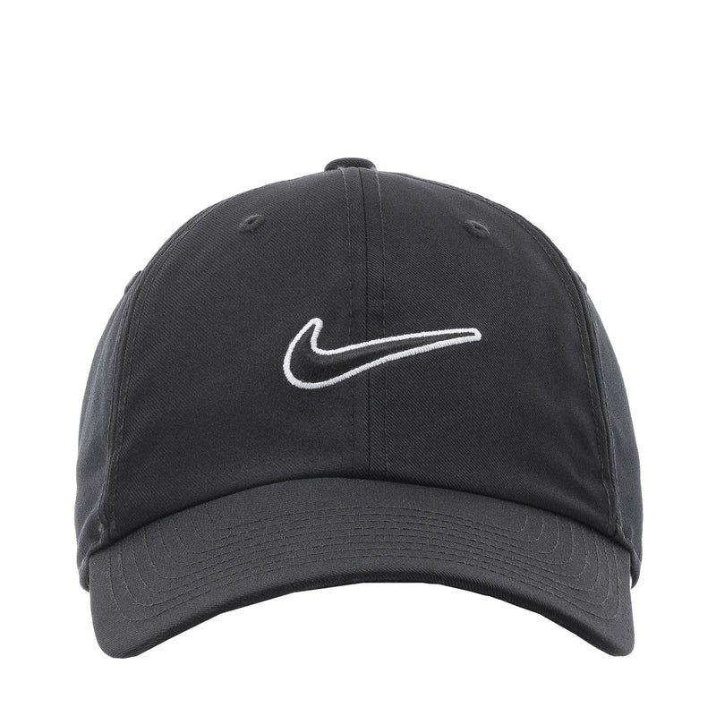 Black Nike strapback cap with white outline Swoosh logo and curved brim
