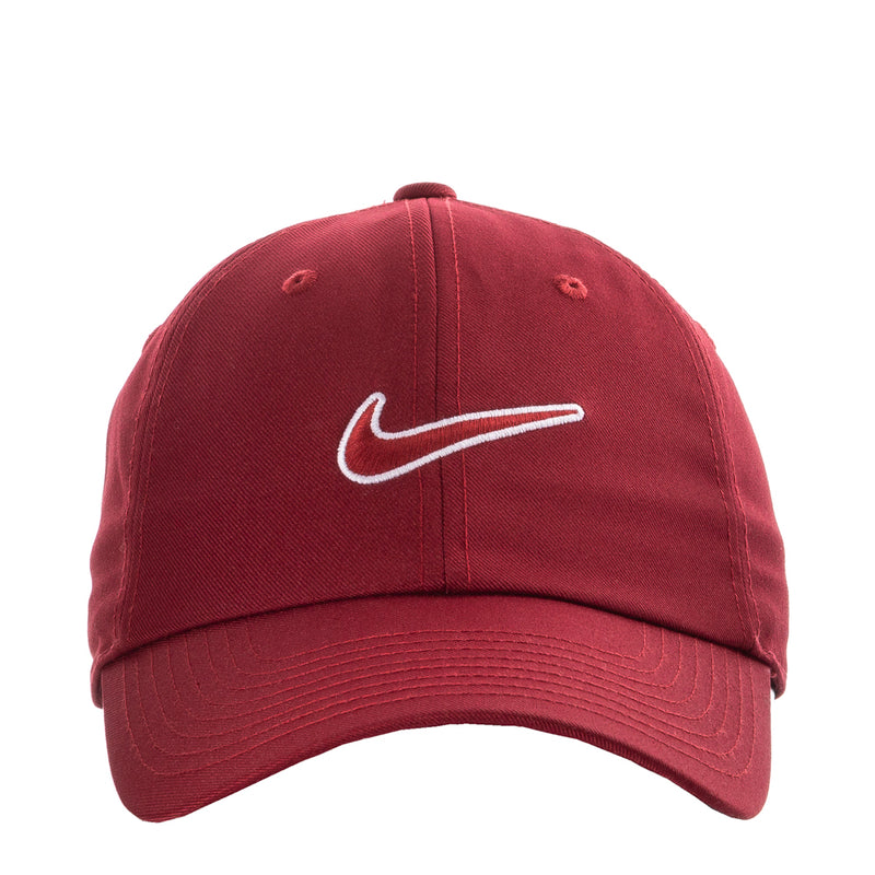 Maroon Nike baseball cap with white-outlined Swoosh logo on front panel