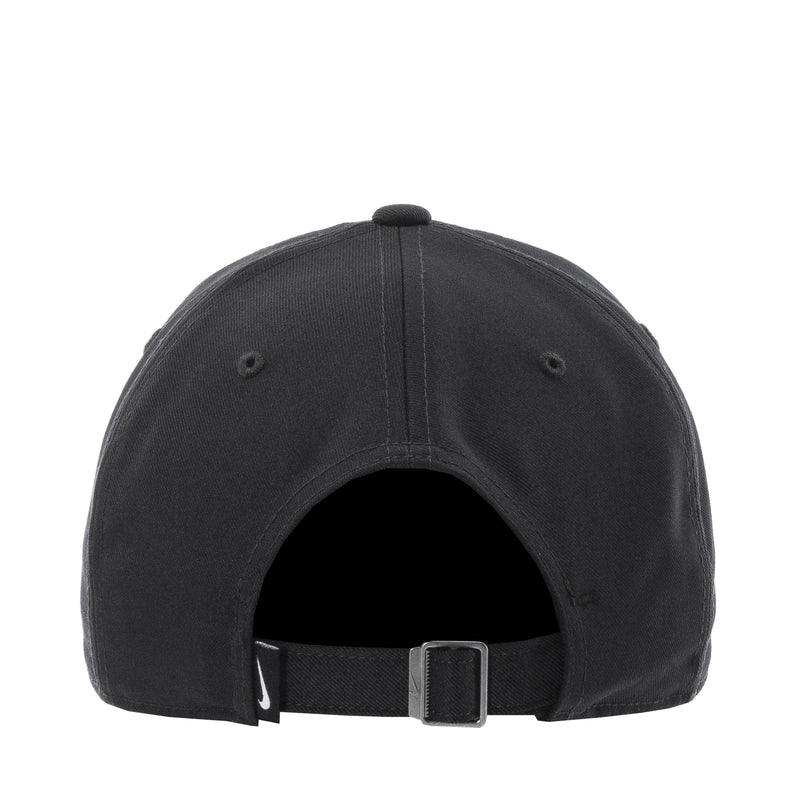 Black Nike strapback cap back view with adjustable buckle strap inside