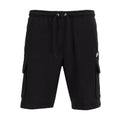Men's black cargo shorts with elastic waist, drawstring, and side cargo pockets