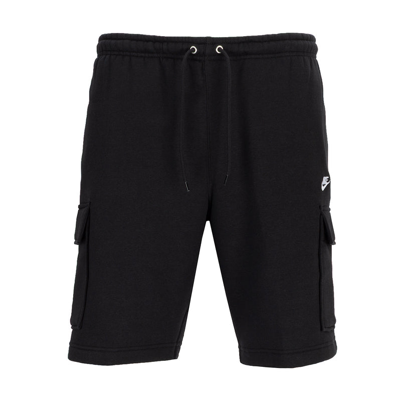 Men's black cargo shorts with elastic waist, drawstring, and side cargo pockets