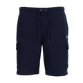 Men's dark navy cargo shorts with drawstring waist and side cargo flap pockets