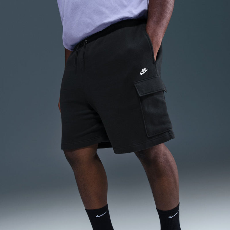Men's black cargo shorts with flap cargo pocket and relaxed knee-length fit