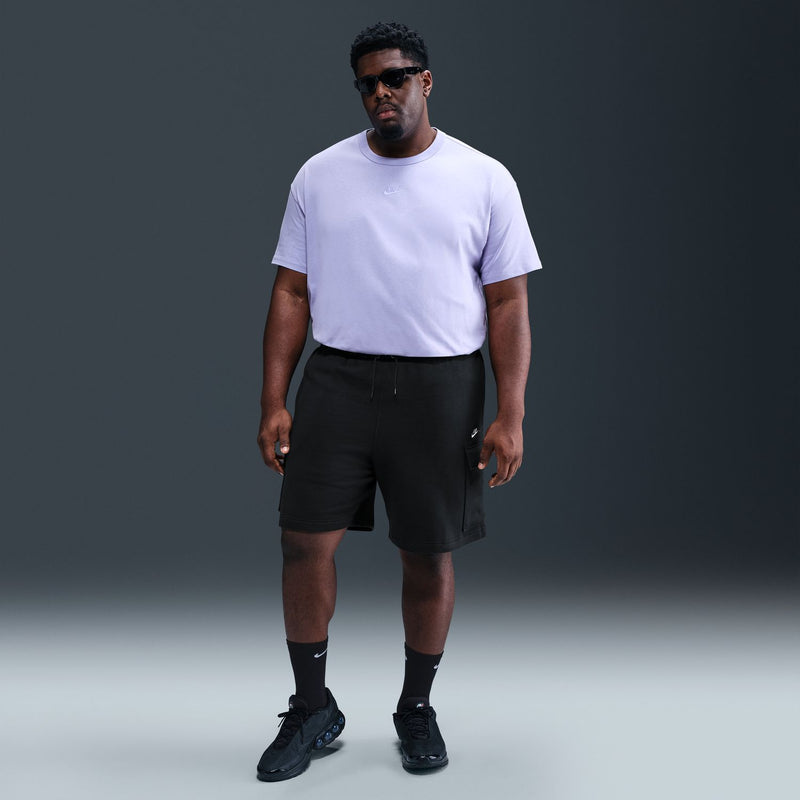 Men's black cargo shorts, elastic waistband, side cargo pockets, knee-length