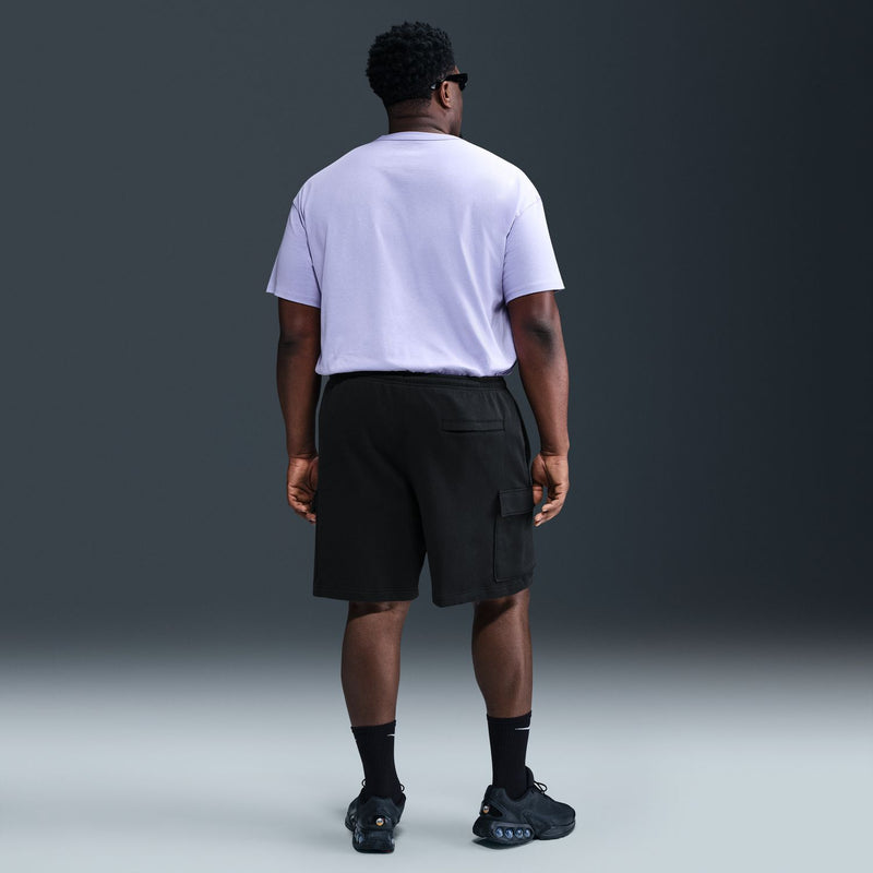 Men's black cargo shorts, back view with side pockets and elastic waistband