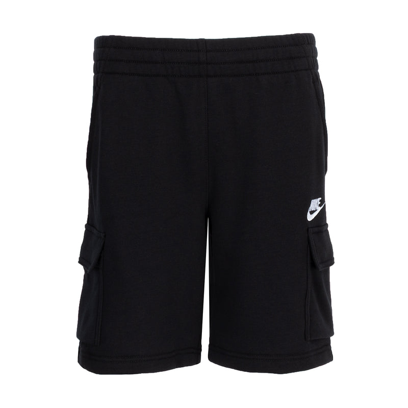 Youth black cargo shorts with elastic waistband and side cargo pockets, Nike logo