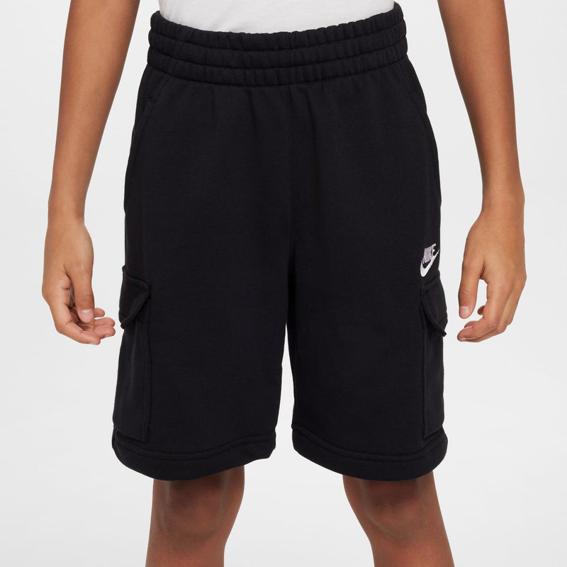 Youth black cargo shorts with elastic waistband and side cargo pockets, Nike logo