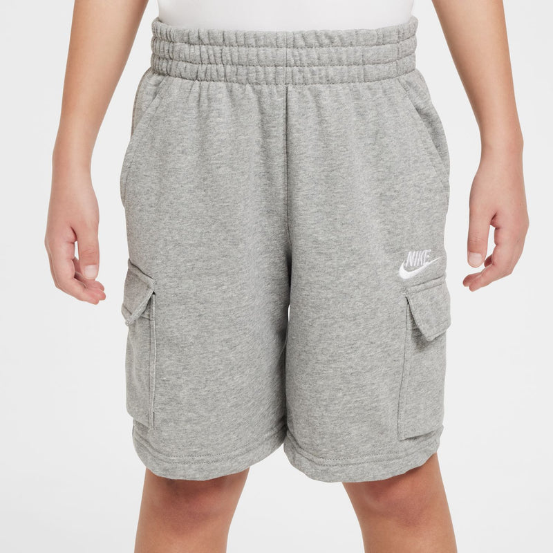 Youth dark grey heather cargo shorts, elastic waistband, side cargo pockets
