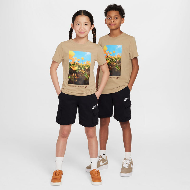 Youth black cargo shorts worn by two kids, elastic waistband and side cargo pocket