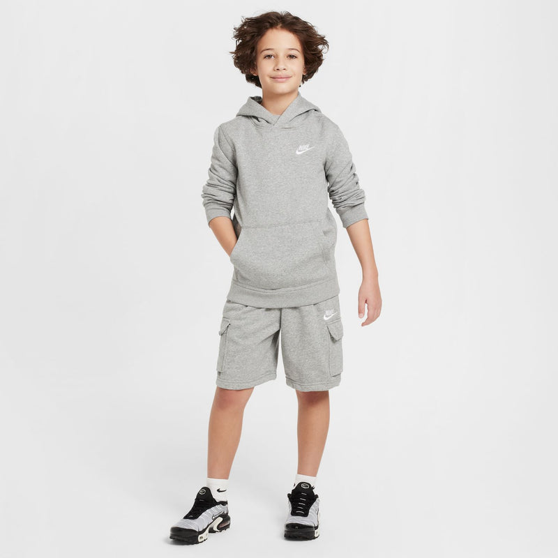 Youth dark grey heather shorts set with hoodie, elastic waist, cargo pockets