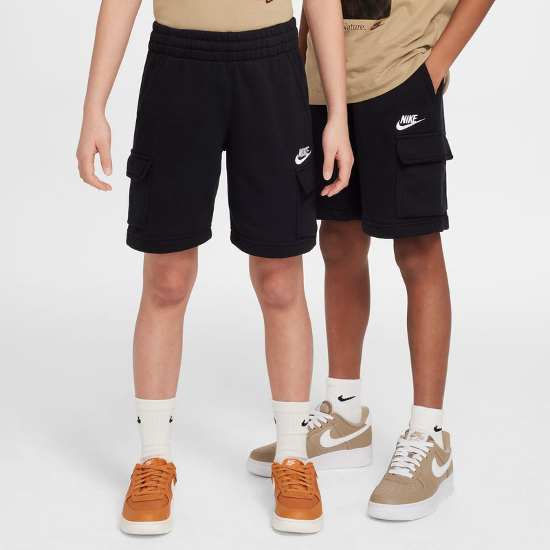 Youth black cargo shorts with elastic waistband and side cargo pockets, Nike logos