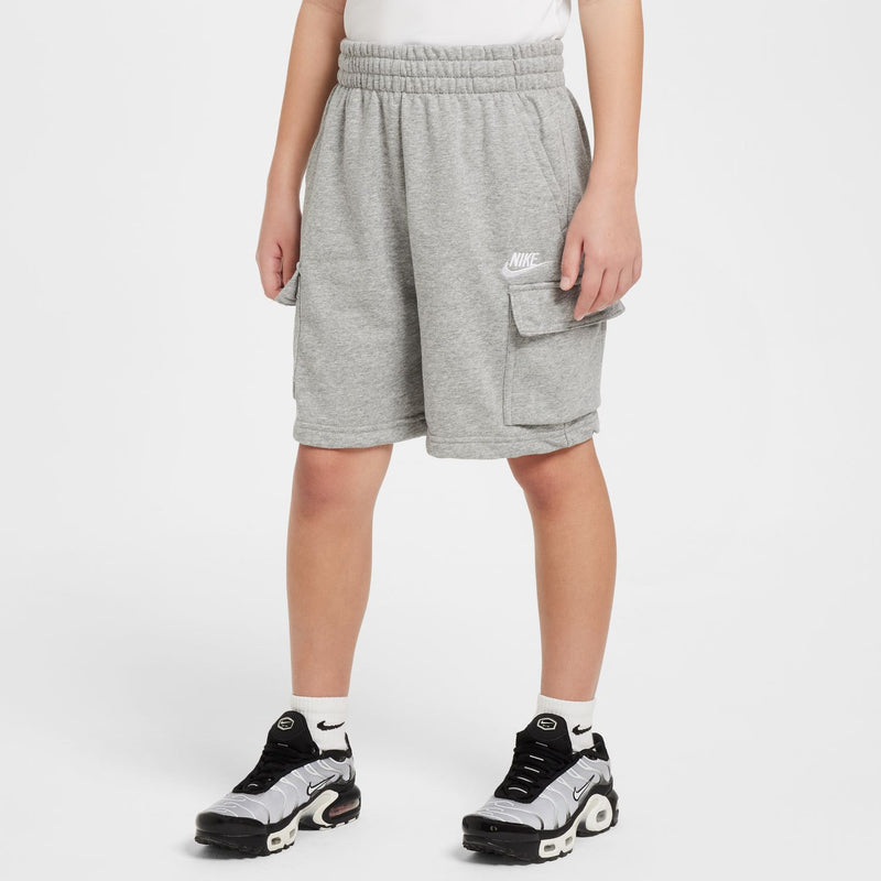 Youth dark grey heather cargo shorts with side cargo pocket and elastic waistband