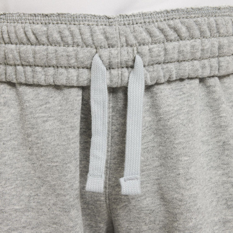 Close-up of youth dark grey heather cargo shorts waistband and drawstring