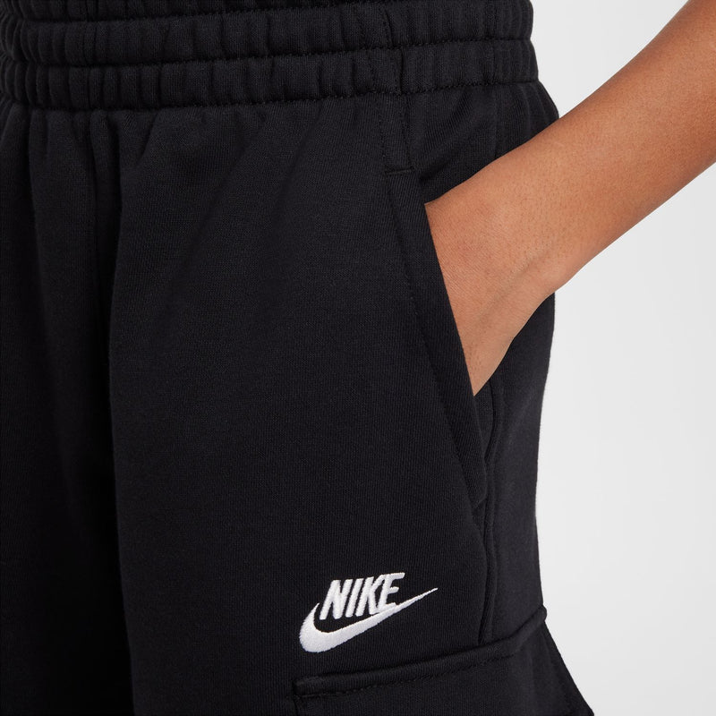 Youth black cargo shorts side view with cargo pocket and Nike logo