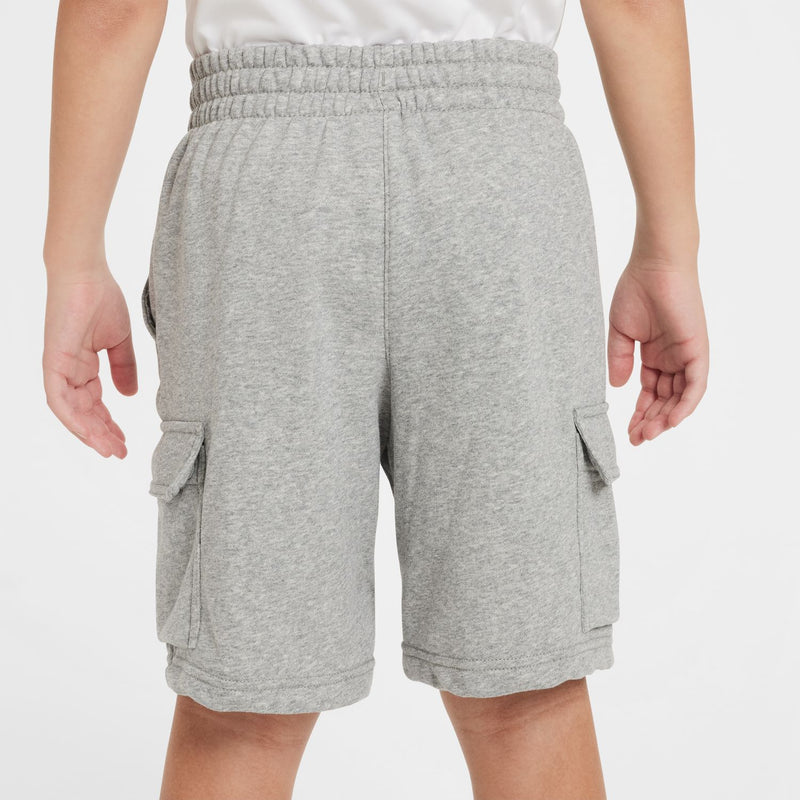 Youth dark grey heather cargo shorts, elastic waistband and cargo side pockets