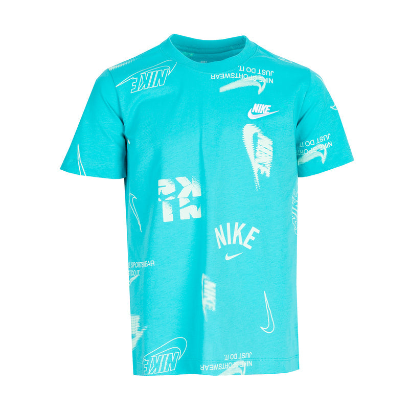 Youth turquoise T-shirt with all-over Nike logo and graphics print