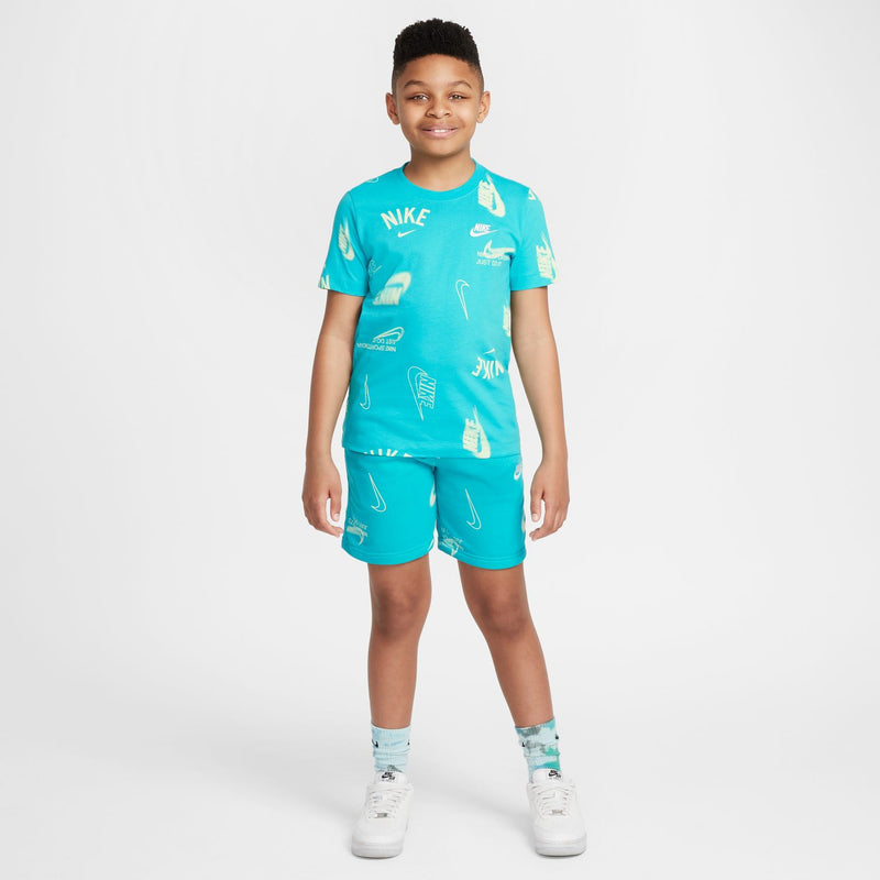Youth turquoise graphic T-shirt with all-over Nike branding