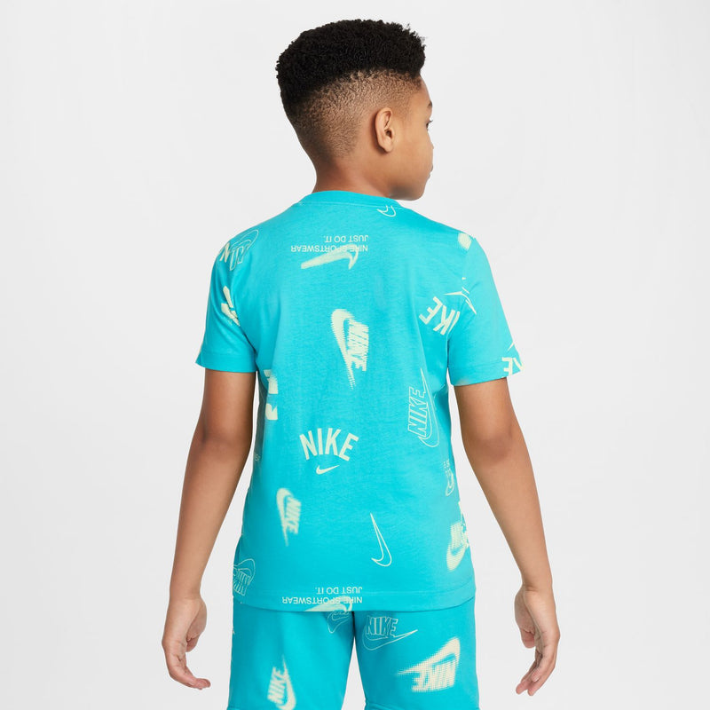 Youth turquoise T-shirt back view with all-over Nike logo graphics