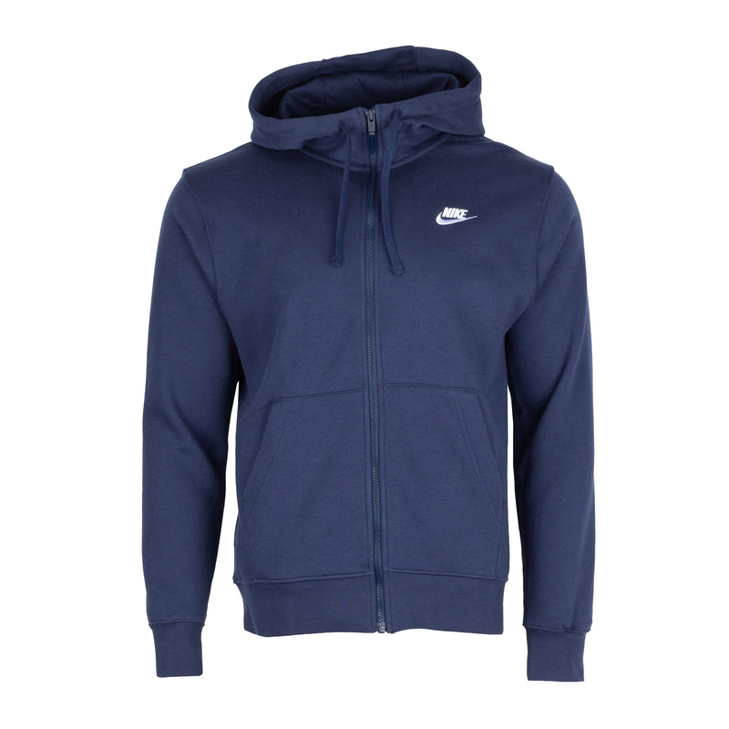 Navy zip-up fleece hoodie for men with hood, drawstrings, and front kangaroo pocket