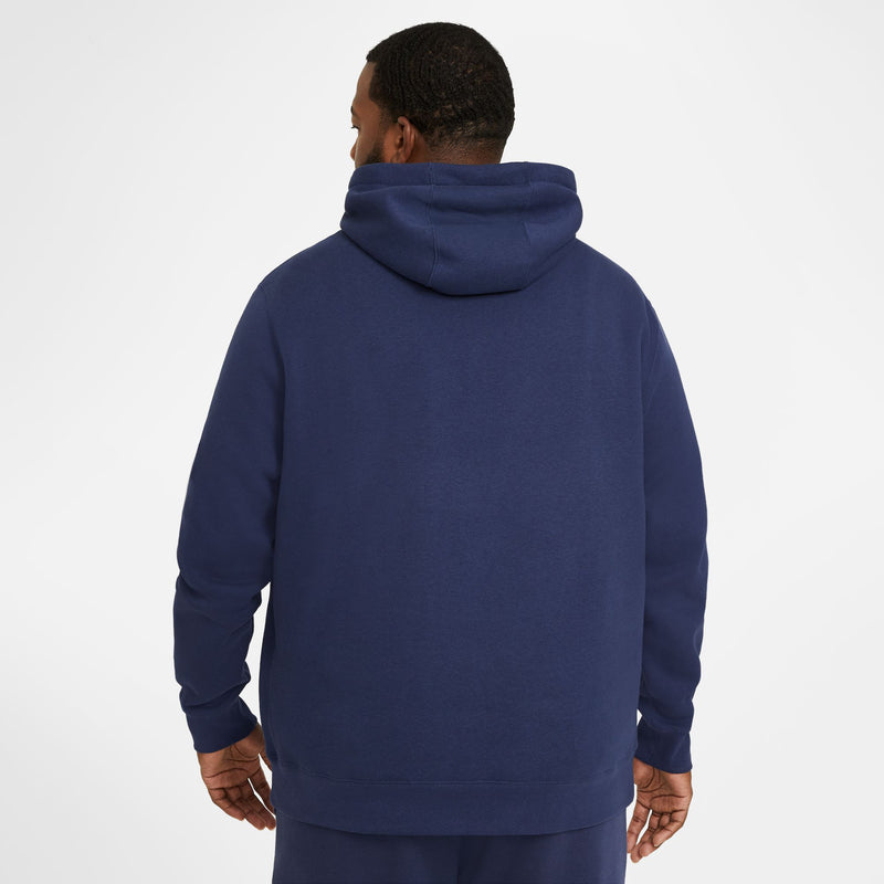Navy men’s zip-up fleece hoodie worn from the back with hood