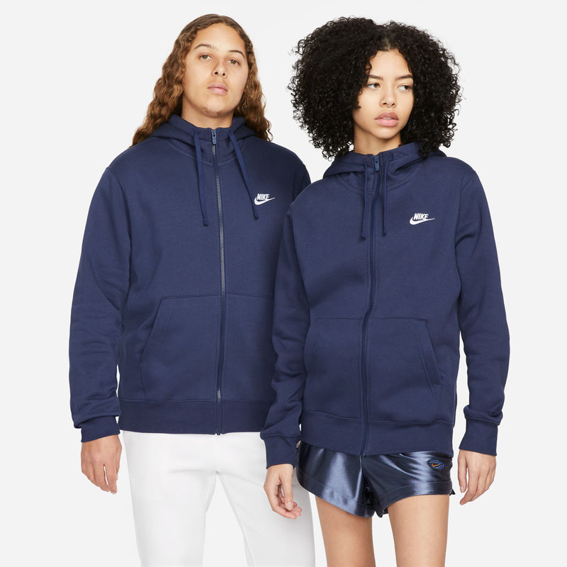 Navy zip-up fleece hoodies for men, front views with drawstrings and Nike chest logos
