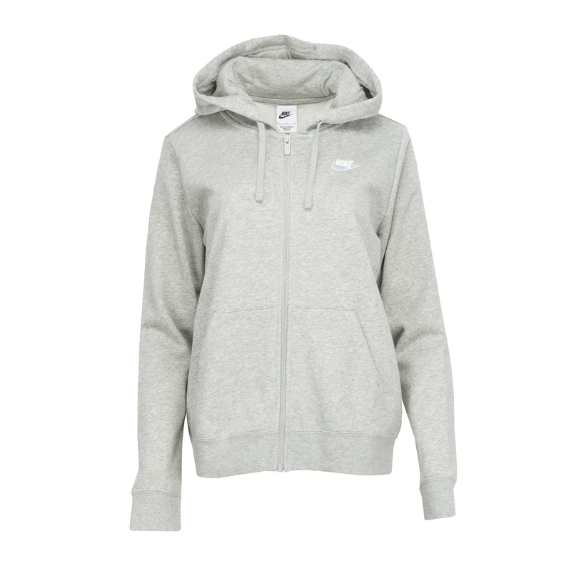 Women's heather gray full-zip fleece hoodie, hood with drawstrings, kangaroo pocket