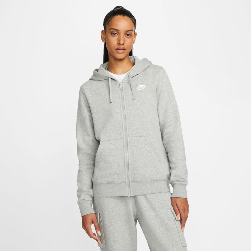 Women's heather gray full-zip hoodie with hood and front zipper, worn with joggers