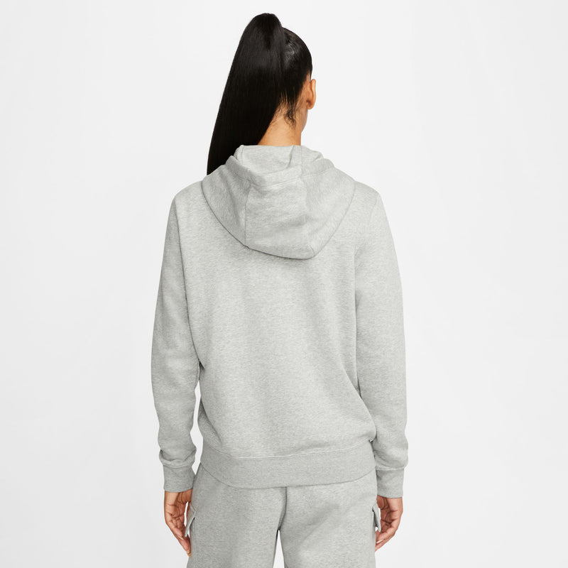 Women's heather gray full-zip hoodie, back view with hood and kangaroo pocket
