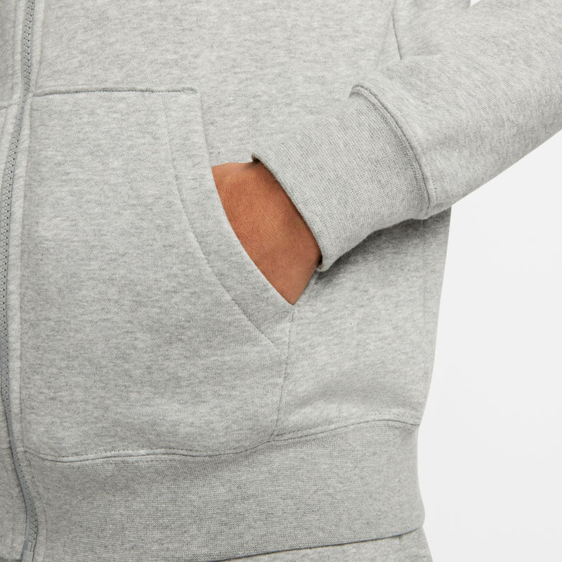 Heather gray hoodie sleeve cuff and kangaroo pocket detail with visible seam
