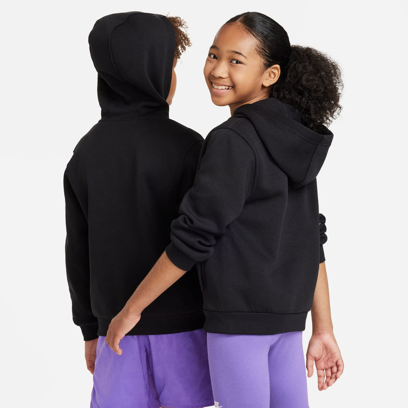 Youth black zip-up fleece hoodie with hood, shown from side/back