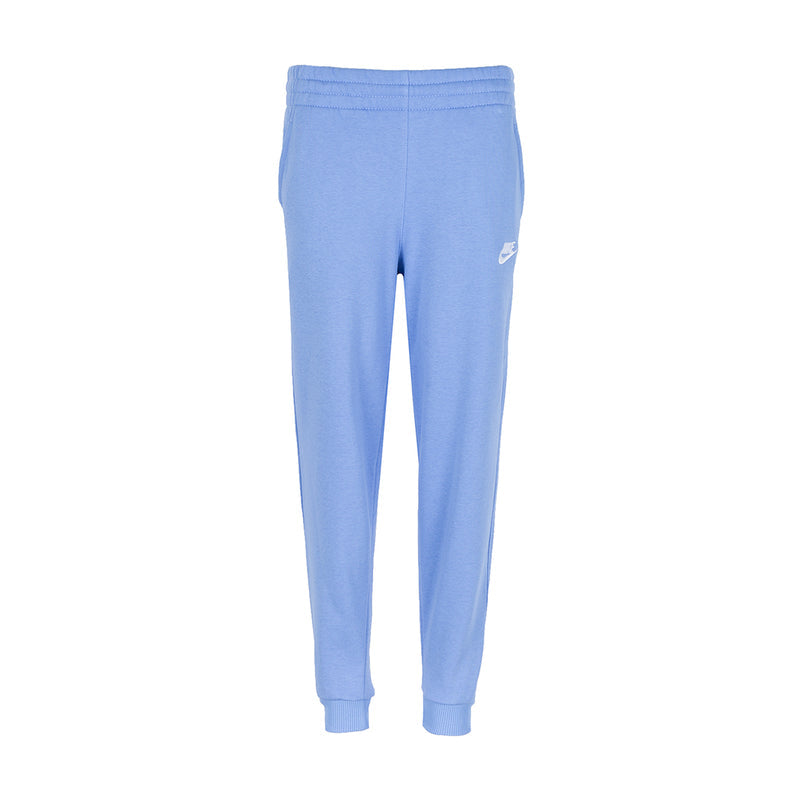 Light blue youth fleece jogger pants with elastic cuffs and Nike logo