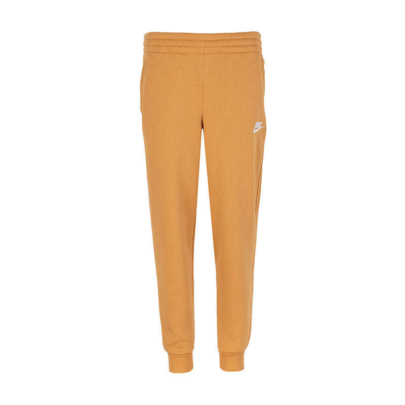 Youth fleece jogger pants in flax tan with ribbed cuffs and side Nike logo
