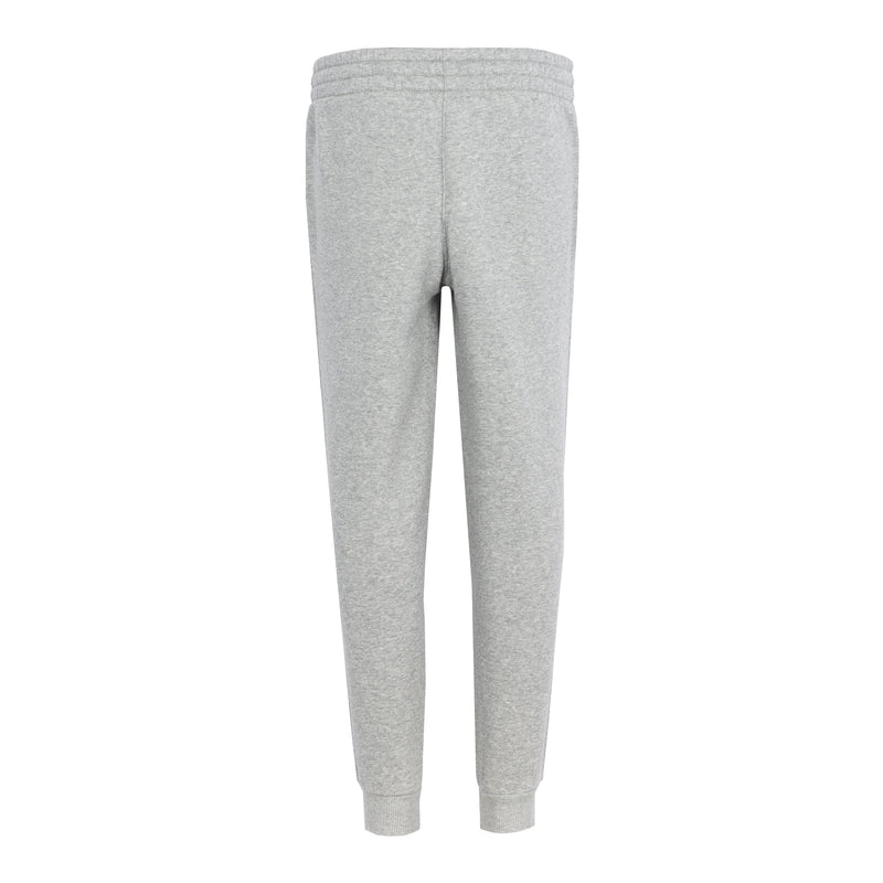 Youth dark grey heather fleece jogger pants, back view with elastic waist and cuffs