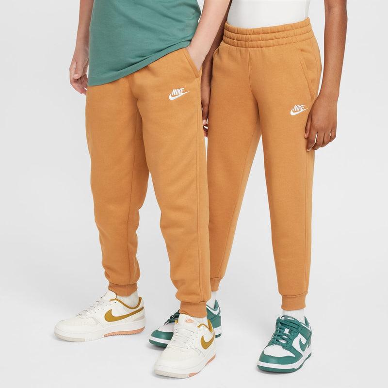 Flax tan youth fleece joggers with elastic waist, drawstring, and side Nike logo