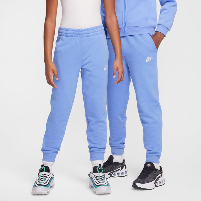 Light blue youth jogger pants with Nike swoosh on thigh and elastic waistband